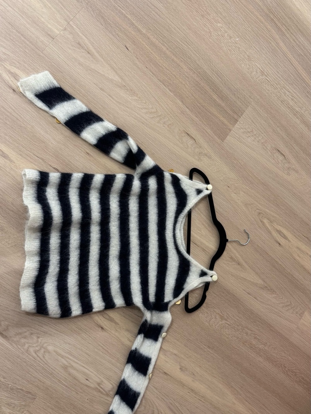 Sezane Black & White Striped V-Neck Fuzzy Knit Sweater